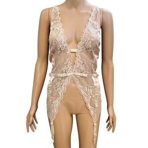 Oh La La Cheri Satin Teddy 1X/2X Pink Nude Plunging Lace Trim Coquette Lingerie